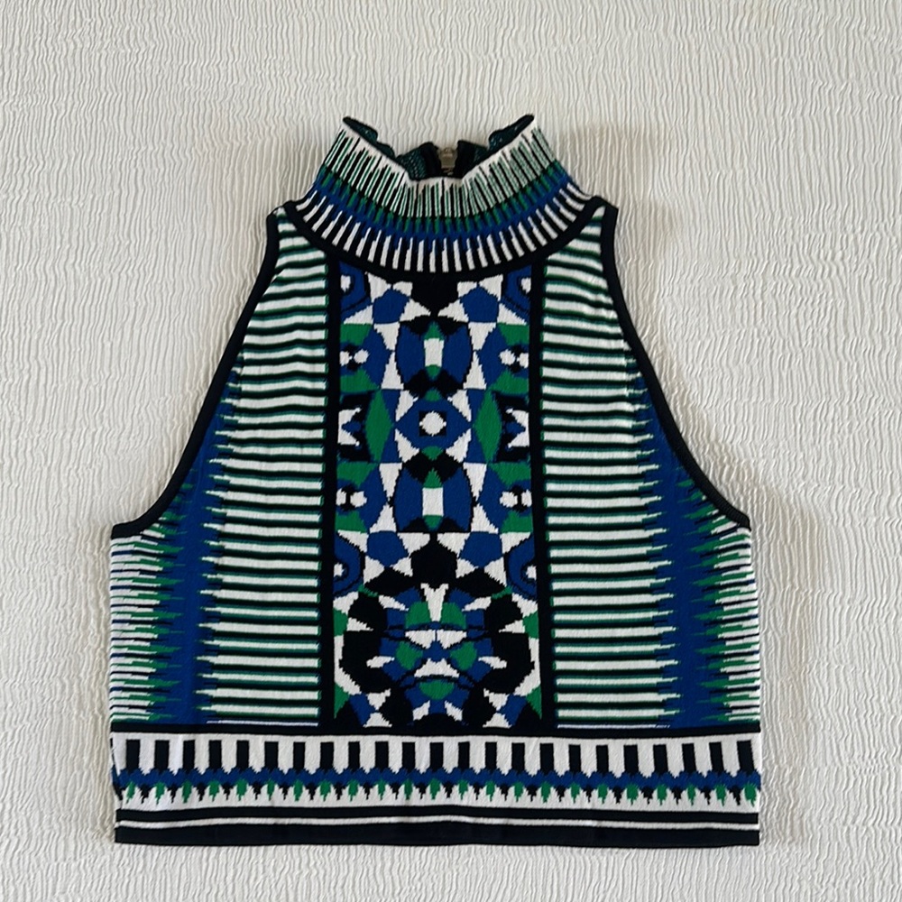 Torn by Ronny Kobo Green Blue Geometric Mock-Neck Tank